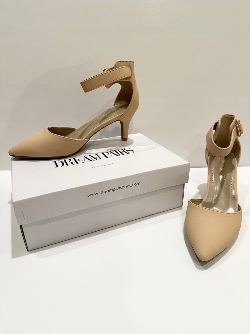 Dream Pairs Beige Pointed-Toe Ankle Strap Kitten Heels